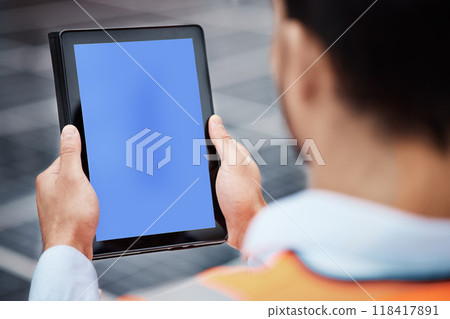 Man, hands and tablet mockup on rooftop for communication, construction or outdoor networking. Closeup of male person, architect or engineer working on technology display or mock up space in the city 118417891