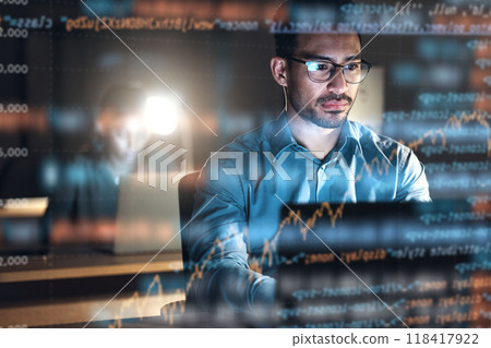 Programmer, code and man with focus, holographic and digital software with cyber security, future and trading. Male person, investor and employee with research, night and investment with stock market 118417922