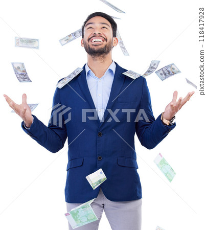 Happy businessman, money rain and financial freedom from investment or savings against a white studio background. Excited asian man in celebration for winning, lottery or cash prize in happiness 118417928