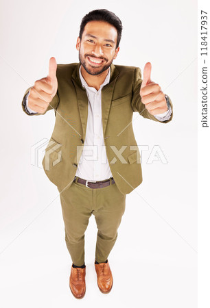Thumbs up, portrait and happy business man in studio, white background and trust of success from above. Asian worker, winner and like emoji for feedback, review and vote yes in agreement of support Thumbs up, portrait and happy business man in studio, white background and trust of success from above. Asian worker, winner and like emoji for feedback, review and vote yes in agreement of support 118417937
