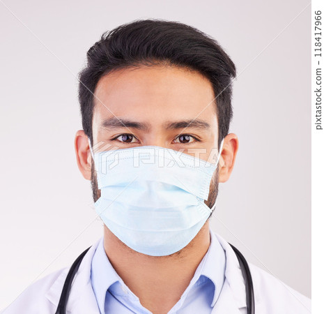 Covid, doctor and portrait of man in studio with protection, safety or corona compliance on white background. Face, mask and male healthcare worker at hospital for treatment and disease prevention Covid, doctor and portrait of man in studio with protection, safety or corona compliance on white background. Face, mask and male healthcare worker at hospital for treatment and disease prevention 118417966