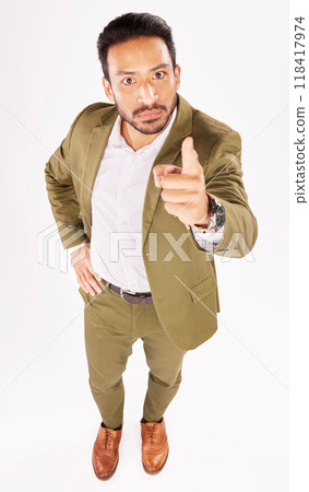 Portrait, pointing and scolding with a business man in studio on a white background for discipline. Manager, finger wag and accuse with a serious young boss telling off an employee for control Portrait, pointing and scolding with a business man in studio on a white background for discipline. Manager, finger wag and accuse with a serious young boss telling off an employee for control 118417974
