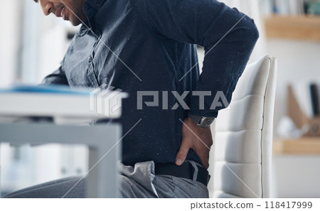 Tired, back pain and stress with business man in office for problem, frustrated and muscle fatigue. Burnout, tension and body with closeup of male employee for spine injury, accident and emergency 118417999