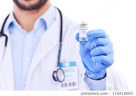 Monkeypox vaccine, medicine bottle and doctor hands with vial for healthcare, safety and immunity in studio. Closeup, medical worker and vaccination for virus, development or risk on white background Monkeypox vaccine, medicine bottle and doctor hands with vial for healthcare, safety and immunity in studio. Closeup, medical worker and vaccination for virus, development or risk on white background 118418005