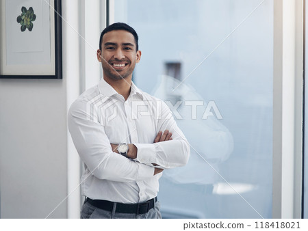 Portrait, business and man with arms crossed, window and employee with confidence, startup success and career. Male person, happy agent or entrepreneur in a modern office, professional and happiness Portrait, business and man with arms crossed, window and employee with confidence, startup success and career. Male person, happy agent or entrepreneur in a modern office, professional and happiness 118418021