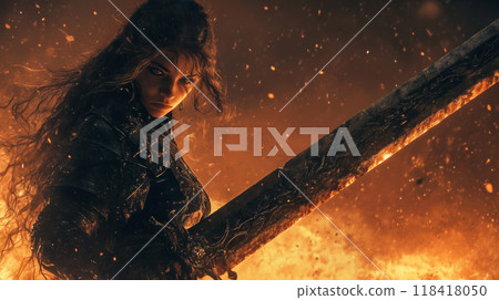 Female warrior holding a sword 118418050