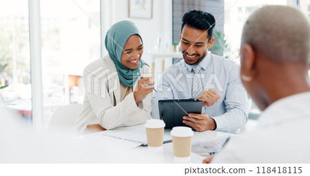 Tablet, meeting and business people teamwork, reading or smile for project data, feedback results or customer experience. Research insight, group cooperation or corporate team happy for online review Tablet, meeting and business people teamwork, reading or smile for project data, feedback results or customer experience. Research insight, group cooperation or corporate team happy for online review 118418115