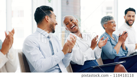 Corporate board, applause and happy people celebrate news, presentation speech or sales achievement. Tradeshow event, community row and group clap for convention support, congratulations or success 118418118