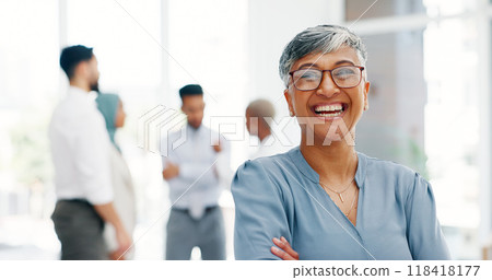 Professional portrait, laugh and mature woman with startup company confidence, job experience or project management. Workplace leader, funny team manager or Mexican CEO smile for meeting leadership 118418177