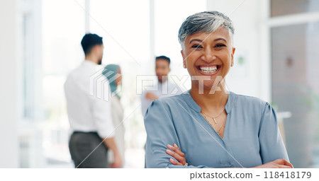 Smile, corporate portrait and mature woman with startup company confidence, job experience or staff cooperation. Happy leader, team manager and Mexican CEO pride for project collaboration meeting 118418179