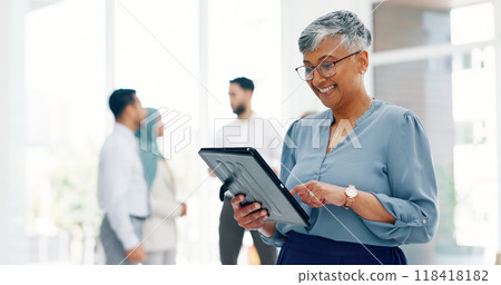 Business tablet, happy and mature woman reading meeting notes, project management or staff cooperation report. Analysis, creative team manager and Mexican realtor typing scroll or planning app design Business tablet, happy and mature woman reading meeting notes, project management or staff cooperation report. Analysis, creative team manager and Mexican realtor typing scroll or planning app design 118418182