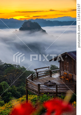 Morning mist viewpoint Baan Jabo, the most favourite place for tourist in Mae Hong Son,Thailand 118418197
