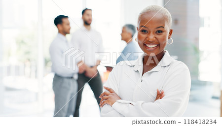 Smile, arms crossed and corporate portrait of black woman with job confidence, career experience or workforce cooperation. Happiness, company team manager and boss pride for agency project meeting 118418234