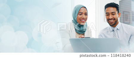 Mockup, talking or happy business people with laptop for planning or networking on social media in agency. Smile, space or team speaking of website to research online for technology update on blog 118418240