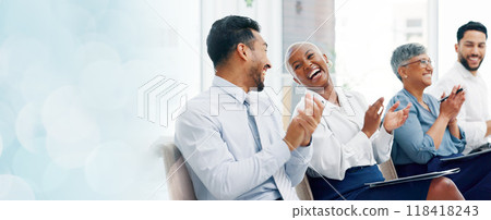 Mockup, happy business people or clapping in presentation for support, target success or group praise. Space, diversity or applause of audience for workshop achievement or winning goals celebration 118418243