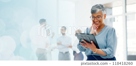 Business mockup, mature or happy woman with tablet or smile networking on social media in an agency. News, space or senior manager on website to research online for technology update on internet 118418260