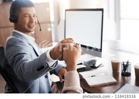 Customer support fist bump, consulting or man celebrate telemarketing on contact us CRM or ERP telecom. Japan call center, online ecommerce team or information technology consultant happy for success Customer support fist bump, consulting or man celebrate telemarketing on contact us CRM or ERP telecom. Japan call center, online ecommerce team or information technology consultant happy for success 118418316