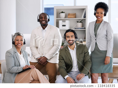 Teamwork, smile and call center with portrait of people in office for customer support, contact us or telemarketing. Community, diversity and consulting with group of employee for sales and retail Teamwork, smile and call center with portrait of people in office for customer support, contact us or telemarketing. Community, diversity and consulting with group of employee for sales and retail 118418335