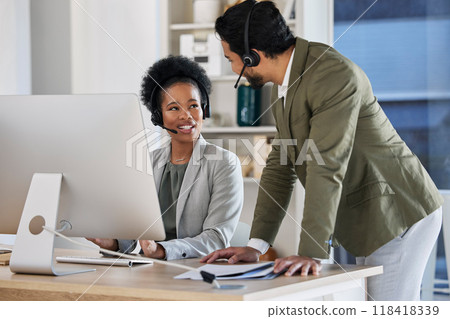 Call center, training and people manager for technical support, telemarketing strategy or workflow management. Talking, advice and telecom boss, leader or worker with black woman consultant in office Call center, training and people manager for technical support, telemarketing strategy or workflow management. Talking, advice and telecom boss, leader or worker with black woman consultant in office 118418339