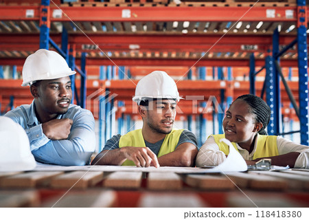 People, architect and blueprint documents for construction, team planning or meeting on site. Engineer group or contractor in teamwork discussion on floor plan, brainstorming or building strategy 118418380