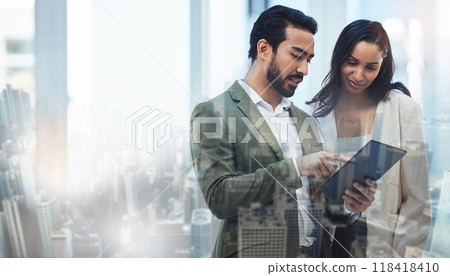 City overlay, tablet and business people in a office with corporate data and work communication. Working, planning and talking lawyer staff bust with website research, law analysis and digital report 118418410