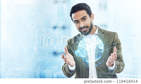 World, ai and overlay with a business man using a ux interface for global data analysis. Metaverse, hologram or 3d with a male employee searching a virtual reality database for information technology World, ai and overlay with a business man using a ux interface for global data analysis. Metaverse, hologram or 3d with a male employee searching a virtual reality database for information technology 118418414