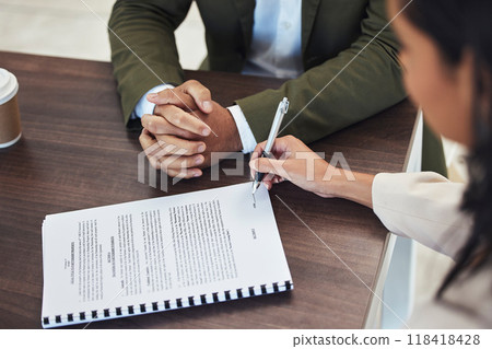 Interview, office and woman signing a document after a corporate job recruitment with human resources. Paperwork, signature and professional female writing on a business company document in workplace 118418428