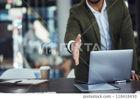 Welcome, opportunity or businessman with a handshake in a job interview in an office building or workplace. Partnership, collaboration or successful manager shaking hands for contract or agreement 118418430