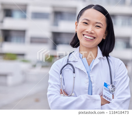 Leadership, happy and portrait of a doctor by hospital with success after surgery or consultation. Happiness, smile and Asian female healthcare worker with confidence standing outdoor medical clinic. Leadership, happy and portrait of a doctor by hospital with success after surgery or consultation. Happiness, smile and Asian female healthcare worker with confidence standing outdoor medical clinic. 118418473