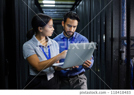 Laptop, server room and technician people problem solving in database management, system upgrade or cyber security. Error, data center or engineer employees, information technology and programming Laptop, server room and technician people problem solving in database management, system upgrade or cyber security. Error, data center or engineer employees, information technology and programming 118418483