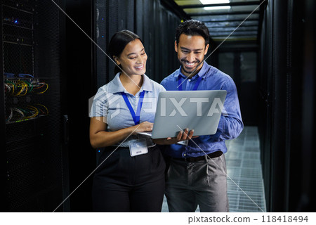 Server room, laptop and people team for software management, system upgrade and cyber security. Teamwork technician, engineering or programmer staff on computer, information technology or programming Server room, laptop and people team for software management, system upgrade and cyber security. Teamwork technician, engineering or programmer staff on computer, information technology or programming 118418494