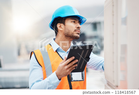 Tablet, engineering and man with air conditioning on roof for repair, maintenance and inspection. Solar power, construction and male worker on digital tech online for service, check and electricity 118418567