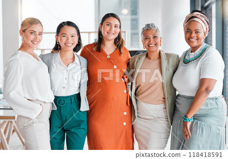 Business women only, portrait and diversity in office teamwork, inclusion and team building empowerment. Happy asian, african and senior manager with pregnant woman for support, goals and job success 118418591