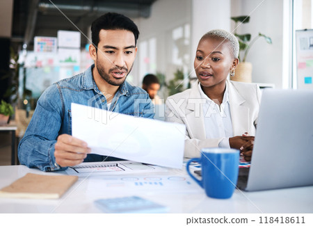 Office, business people and web design plan with sales strategy and communication at a company. Talking, collaboration and teamwork with creative paperwork analysis of marketing and data statistics 118418611