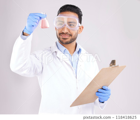 Scientist man, beaker and thinking with checklist, analysis and ppe goggles in studio by white background. Asian science expert, clipboard and paperwork for chemistry, ideas and study at pharma job Scientist man, beaker and thinking with checklist, analysis and ppe goggles in studio by white background. Asian science expert, clipboard and paperwork for chemistry, ideas and study at pharma job 118418625