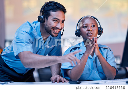 Security, surveillance and a man training a black woman in a control room for safety or law enforcement. Teamwork, office and headset with a private guard team watching a monitor for crime prevention 118418638