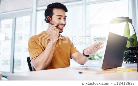 Customer service, laptop and happy business man talking on contact us, telemarketing or online telecom. Communication consultant, tech or Asian person in call center consulting for technical support 118418652