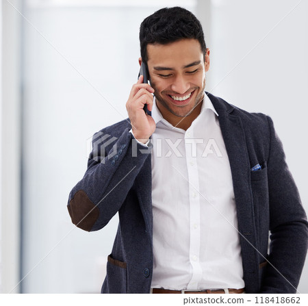 Smile, phone call and business man in office for networking, communication and contact. Technology, corporate and connection with male employee for conversation, entrepreneur and discussion Smile, phone call and business man in office for networking, communication and contact. Technology, corporate and connection with male employee for conversation, entrepreneur and discussion 118418662