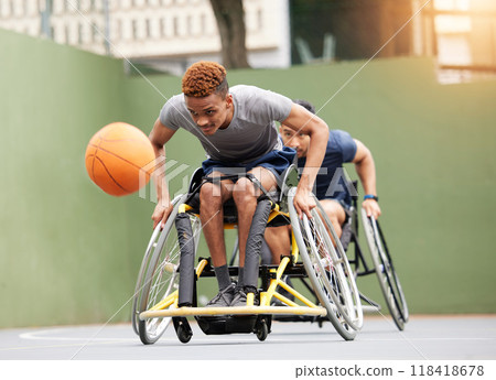 Sports, basketball game and men in wheelchair in action for training, exercise and workout on outdoor court. Fitness, team and male people with disability and ball for match, practice and games 118418678