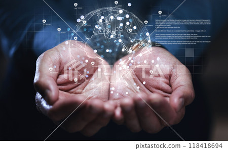 Hands, global network and future technology hologram for communication, networking or ai. Earth, globe or 3d virtual world for cyber security, cloud computing or innovation in digital data hacking 118418694
