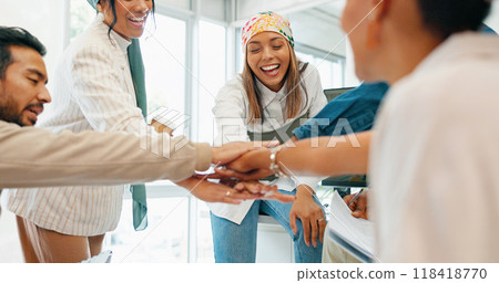 Collaboration, team and business people with hands together in office to celebrate success. Stacked, happy and diversity group excited for synergy, partnership and support with solidarity and mission 118418770