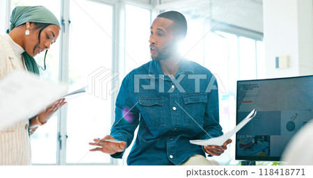 Black man, paperwork or seminar for business training or group coaching feedback on documents. Teaching team, mentorship or speaker speaking of leadership for startup education in review meeting 118418771