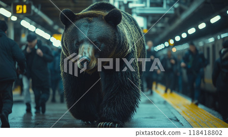 A bear walking on the station platform 118418802