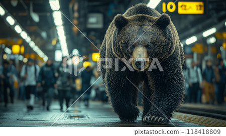 A bear walking on the station platform 118418809