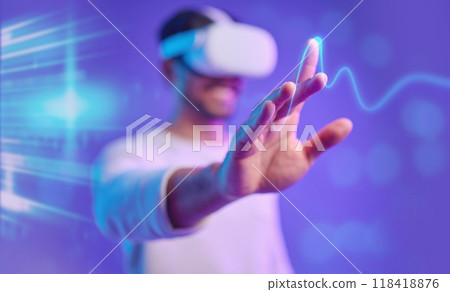 Metaverse, hand and vr, man and screen touch, futuristic and technology innovation in studio. Digital simulation, ux and gaming, cyber tech overlay and virtual reality goggles on purple background Metaverse, hand and vr, man and screen touch, futuristic and technology innovation in studio. Digital simulation, ux and gaming, cyber tech overlay and virtual reality goggles on purple background 118418876
