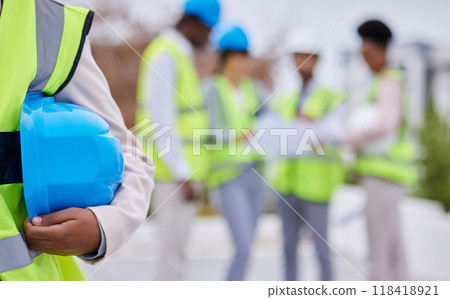 Construction, building and team of engineers on site for creative, planning and blurred background. Builder, safety and architect with group for thinking, problem solving and engineering on mockup 118418921