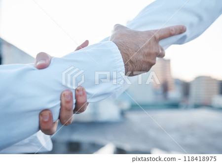 Teamwork, hands and business men with support, unity and collaboration, integration and deal outdoor. Partnership, closeup and male team in agreement, support and commitment, solidarity or help 118418975