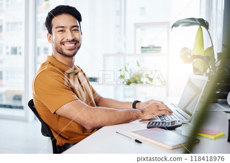 Portrait, office or happy man typing business report for financial portfolio, budget analysis or finance assessment. Accounting administration, economy or male accountant work on credit score balance 118418976