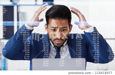 Data, laptop and business man stress over stock market crash, 404 software fail or IPO investment problem. Crypto trading overlay, financial loss data and studio person frustrated on white background Data, laptop and business man stress over stock market crash, 404 software fail or IPO investment problem. Crypto trading overlay, financial loss data and studio person frustrated on white background 118418977