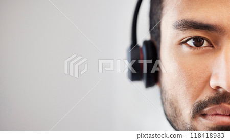 Portrait of man, mockup or virtual assistant in call center tech support consulting in telemarketing in headset. Mock up space, face or serious consultant in telecom sales with headphones in studio 118418983